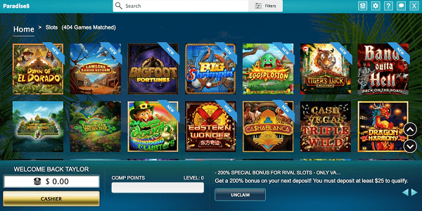 Paradise 8 Casino homepage