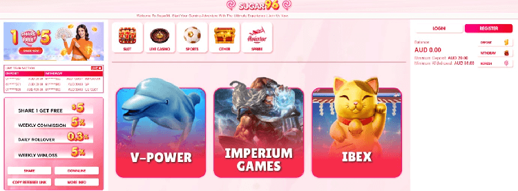 Sugar96 Casino homepage