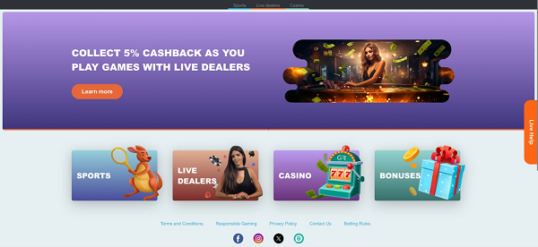 The home page of the Golden Reels Casino