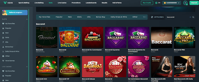 vave casino baccarat games