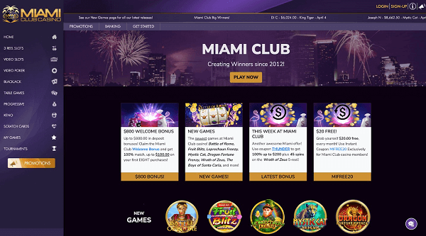 Home page at Miami Club Casino