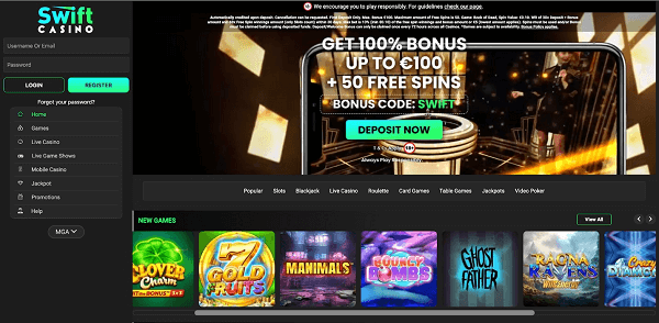 Home page at Swift Casino Canada.