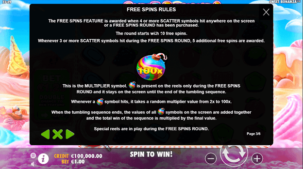 Free spins rules Sweet Bonanza screen