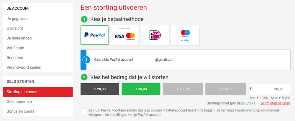 Circus Paypal Storting scherm