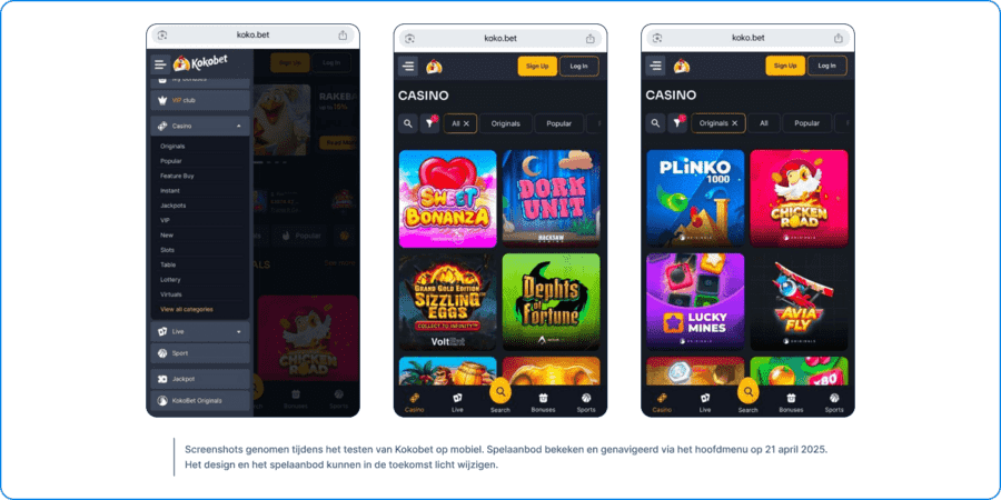 Kokobet Spelaanbod op Mobiel