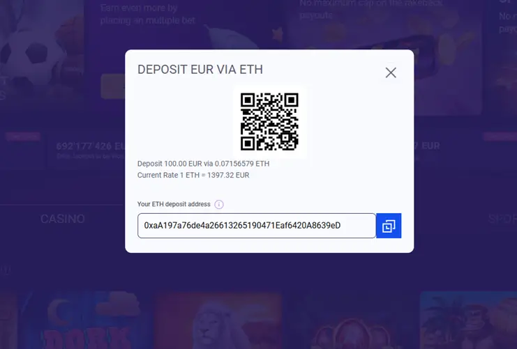 ethereum stortingsscherm bij igobet