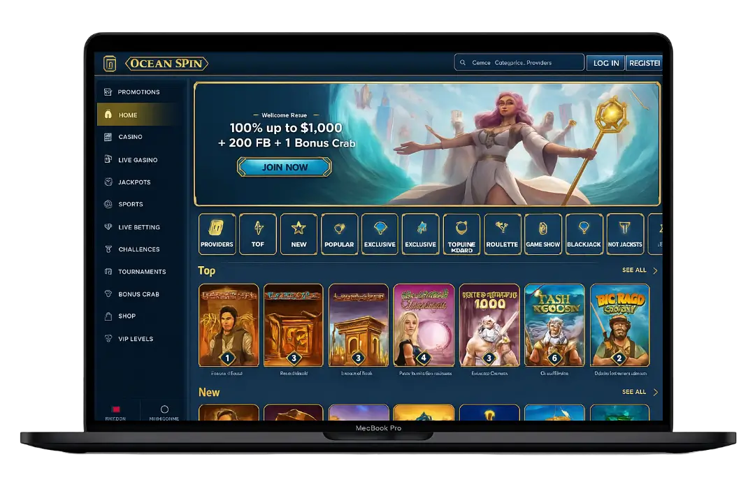oceanspin casino laptop mockup