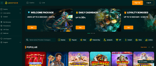 Hoofdpagina van Lucky gem Casino