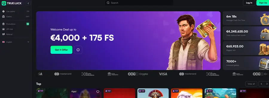 Trueluck casino homepage screenshot