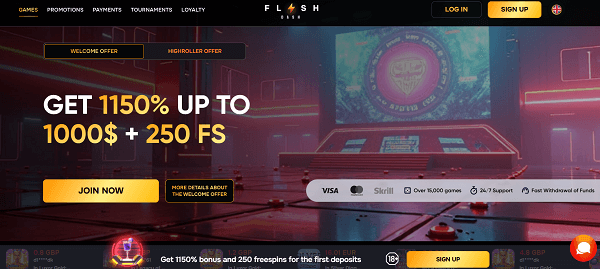 Hoofdpagina van Flashdash casino