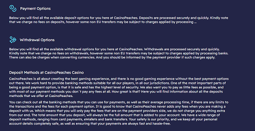 Payment options pagina van peaches casino