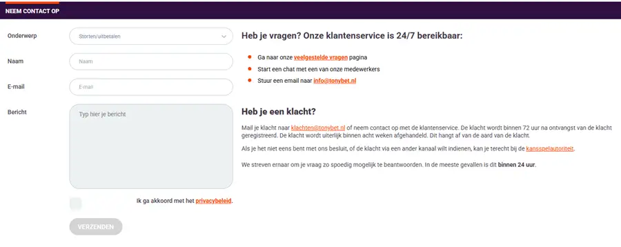 tonybet contact pagina screenshot