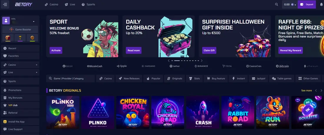 betory casino homepage screenshot